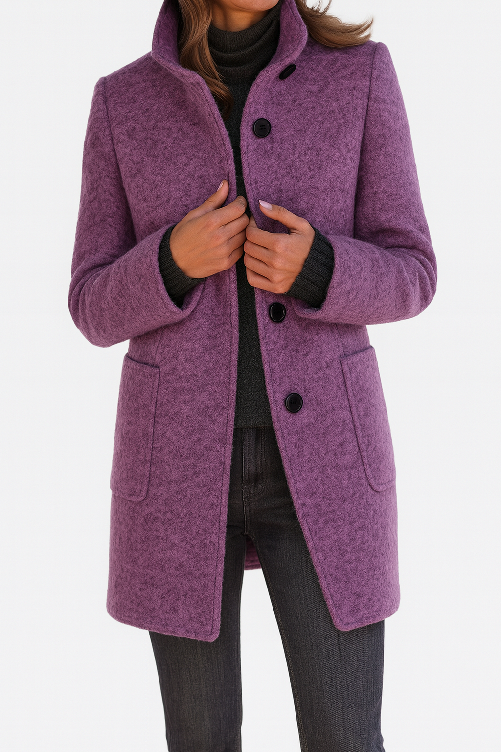 Women’s Button Front Stand Collar Long Coat