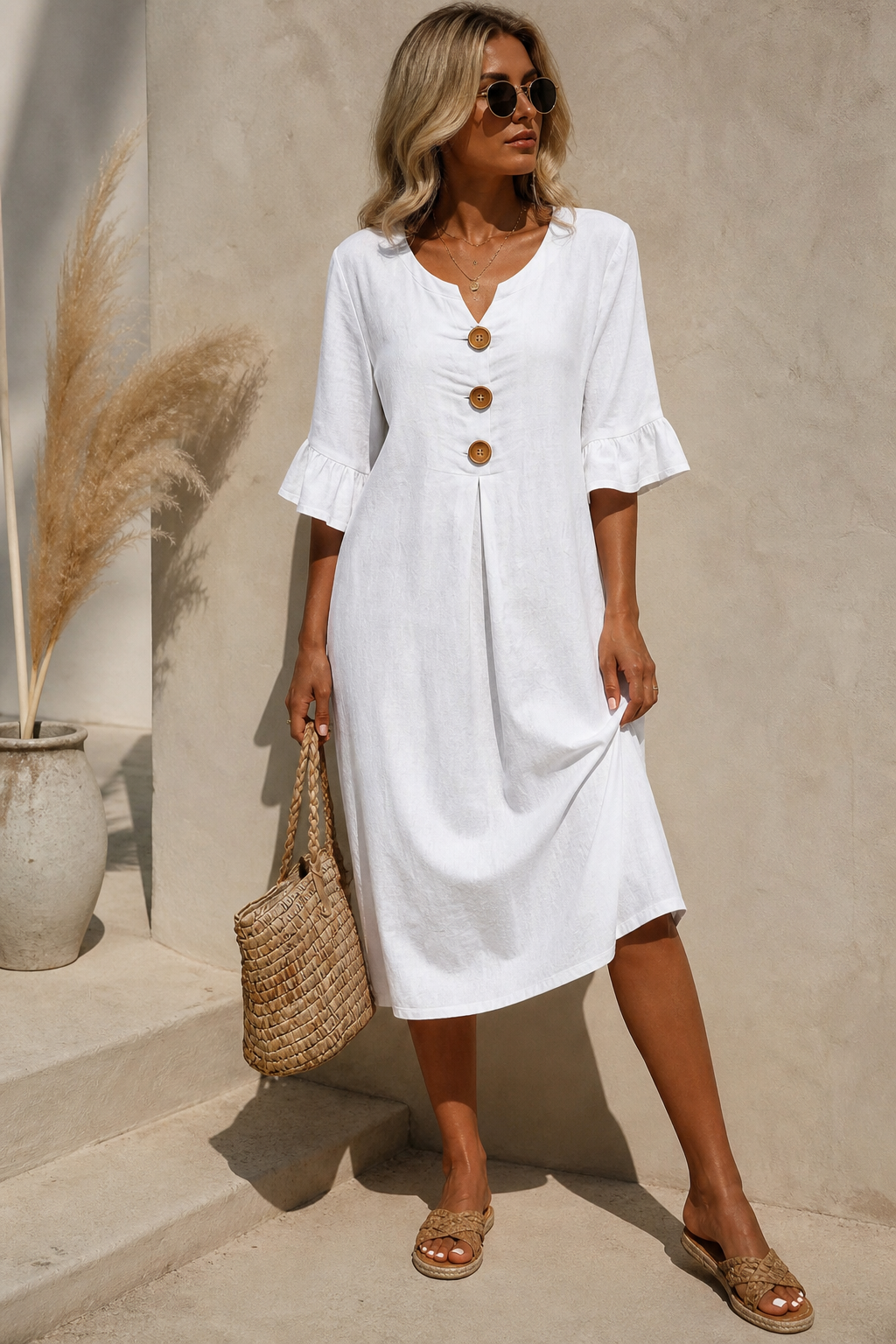 Women's V-Neck Button Ruffle Cuff Midi Dress