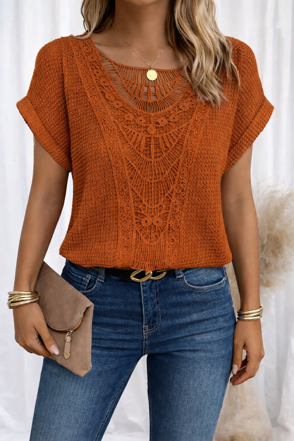 Women's Boho Crochet Lace Short Sleeve Casual Top