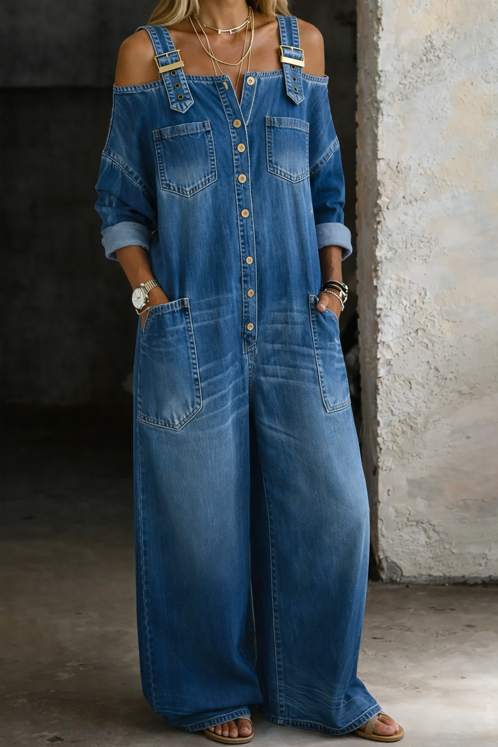Women's Denim Jumpsuit Off-Shoulder Relaxed Fit