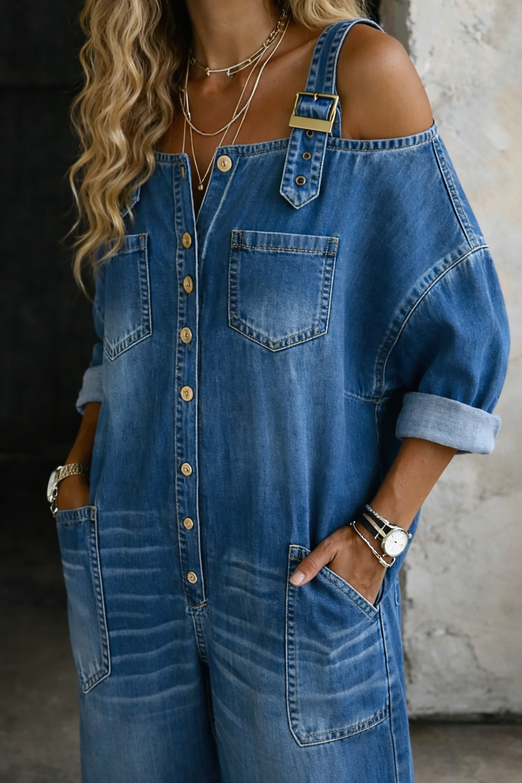 Women's Denim Jumpsuit Off-Shoulder Relaxed Fit