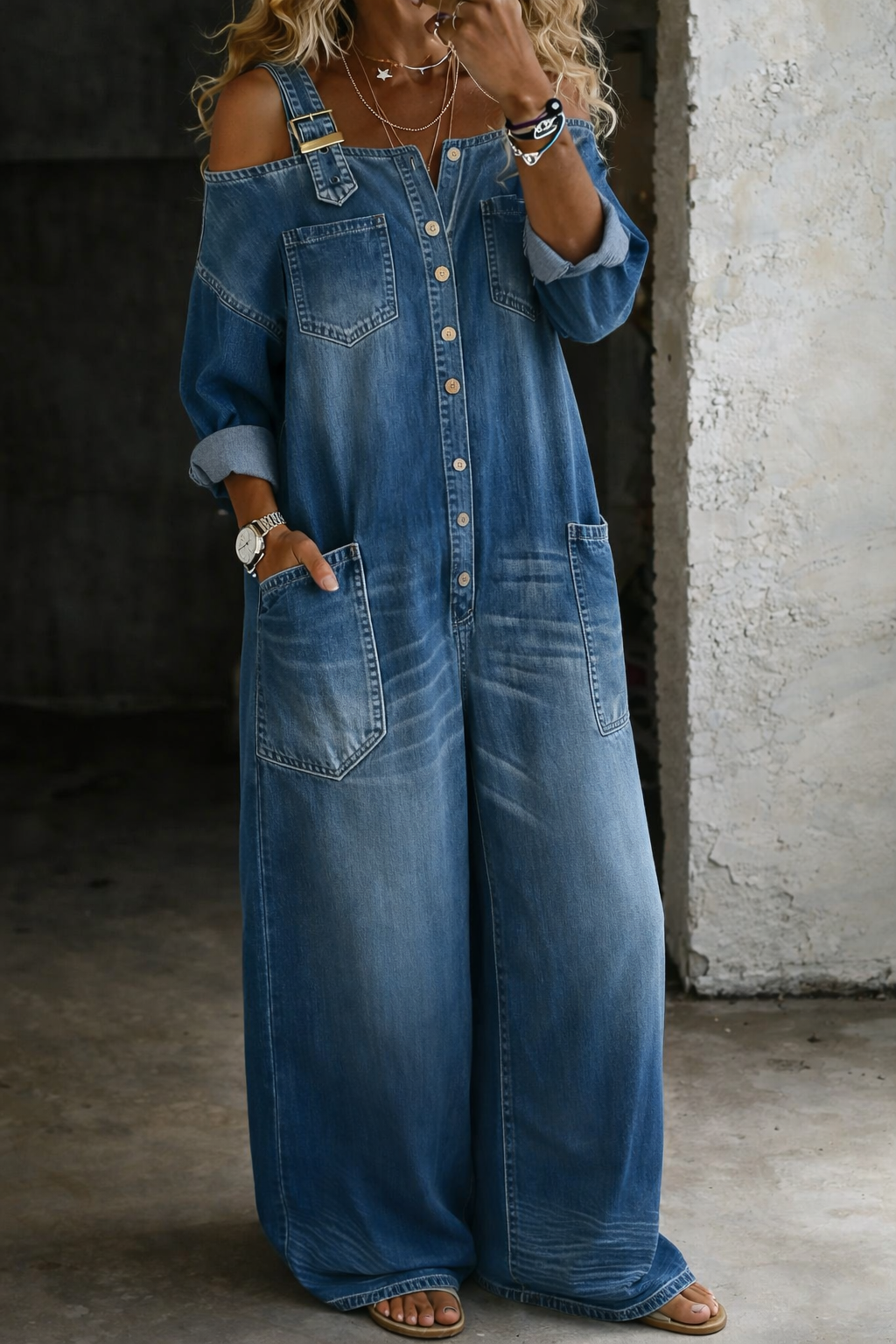 Women's Denim Jumpsuit Off-Shoulder Relaxed Fit