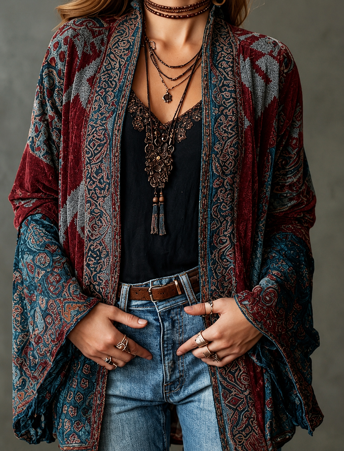 Women's Velvet Boho Paisley Kimono Cardigan