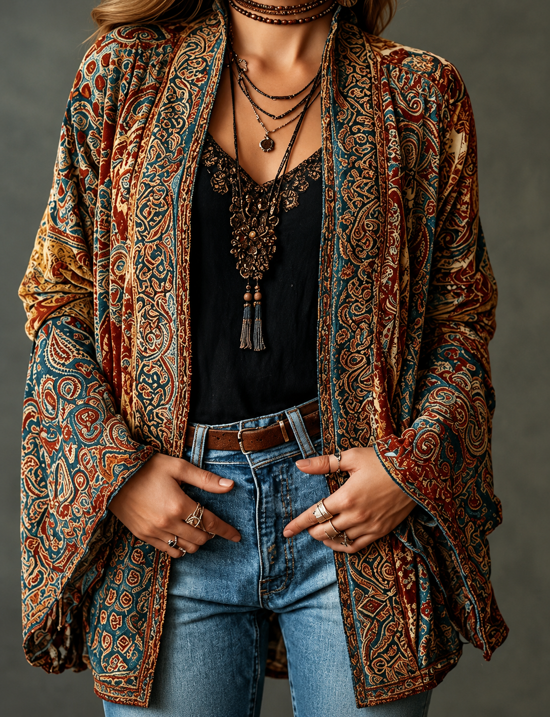 Women's Velvet Boho Paisley Kimono Cardigan
