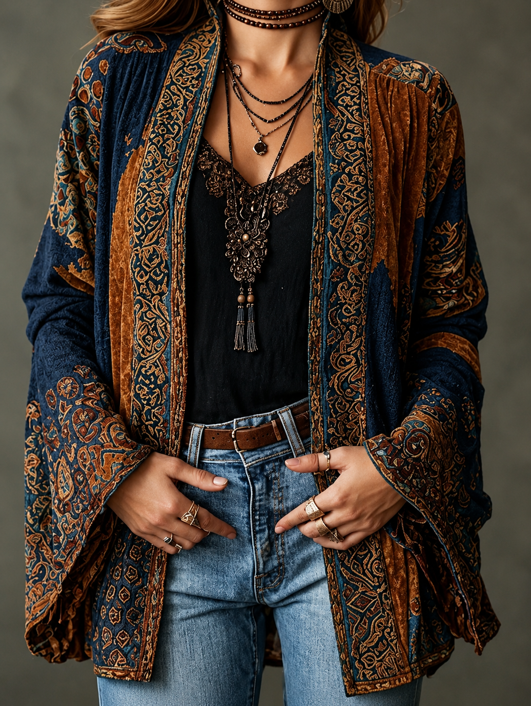 Women's Velvet Boho Paisley Kimono Cardigan