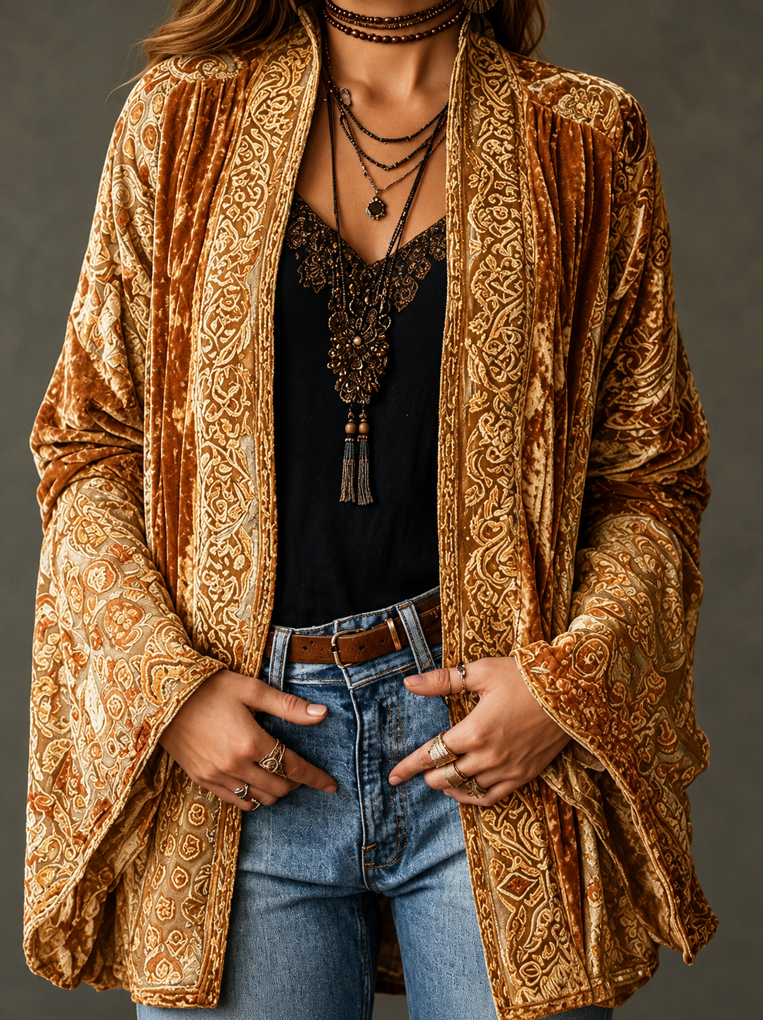 Women's Velvet Boho Paisley Kimono Cardigan