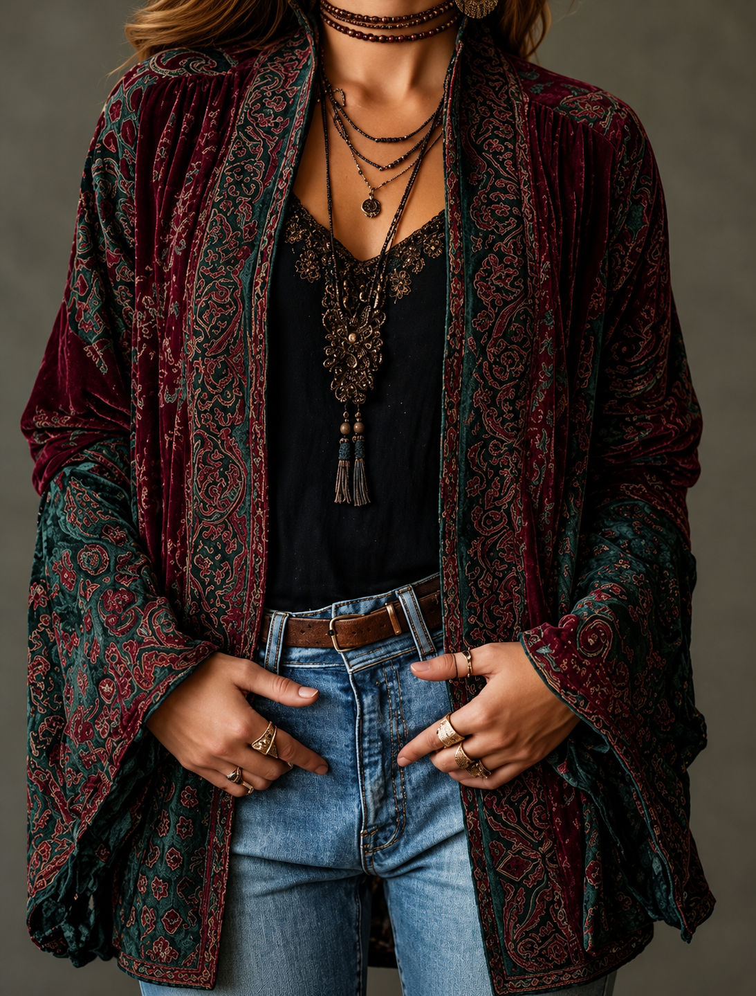 Women's Velvet Boho Paisley Kimono Cardigan