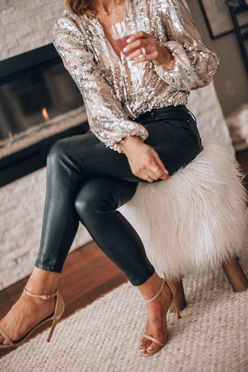 Elegant Sequin V-Neck Long Sleeve Party Blouse for Women