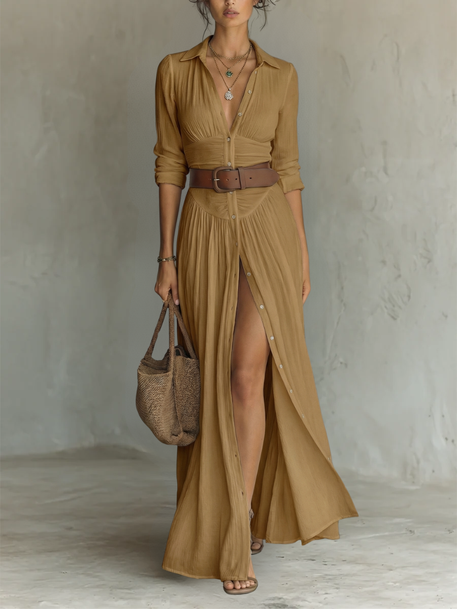 Women’s Button Front Maxi Dress with Flowing Split Skirt