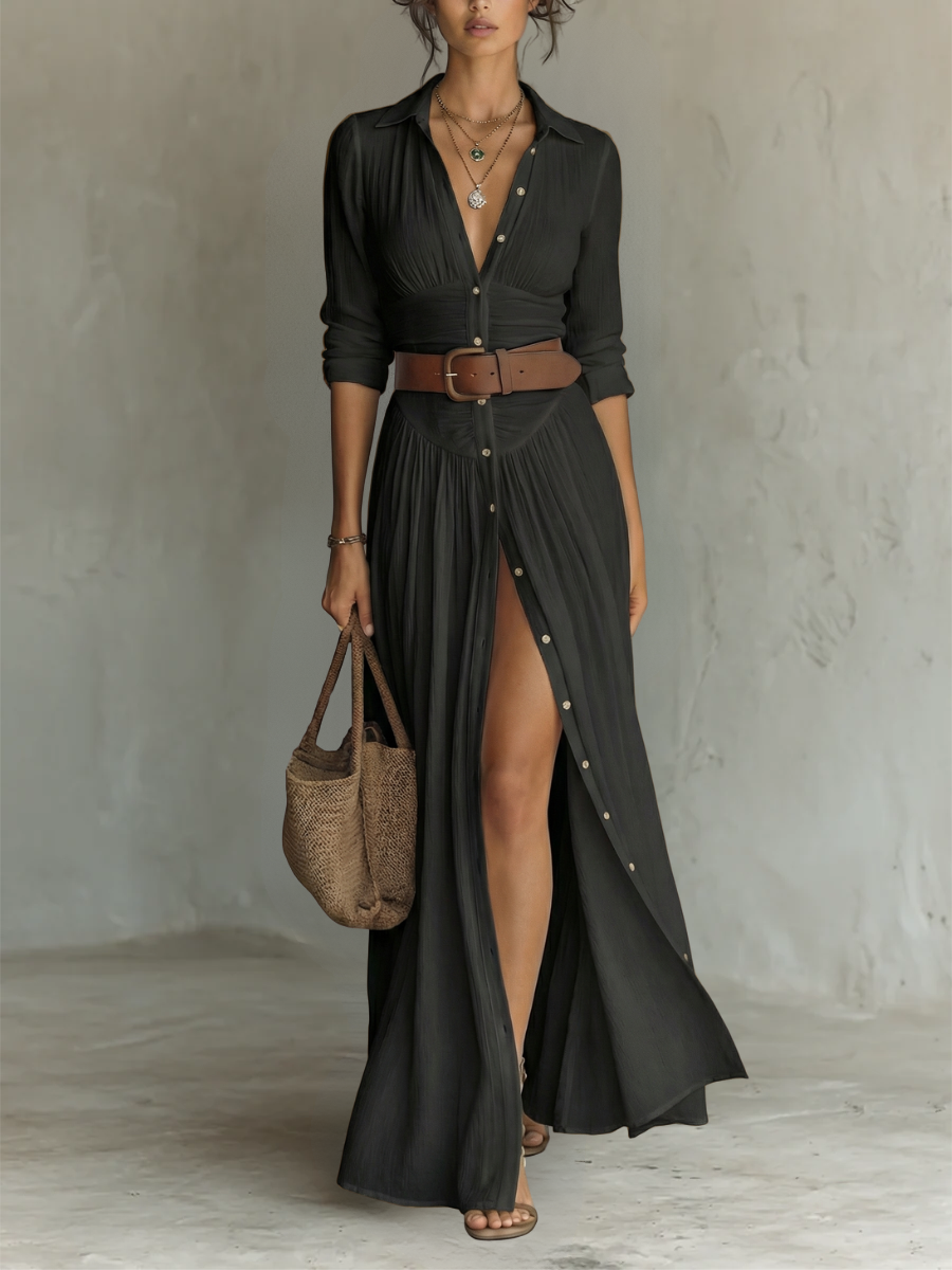 Women’s Button Front Maxi Dress with Flowing Split Skirt