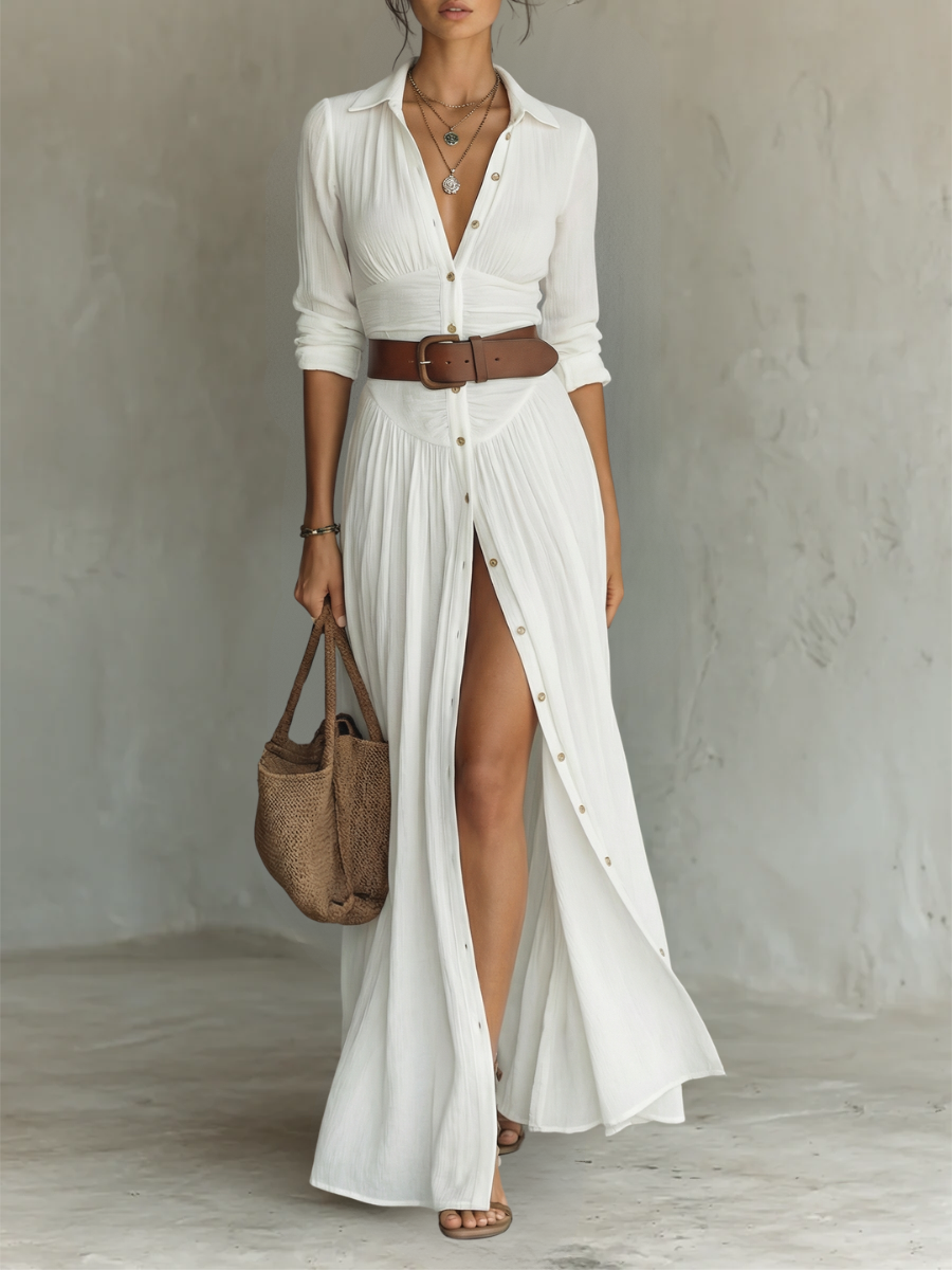 Women’s Button Front Maxi Dress with Flowing Split Skirt