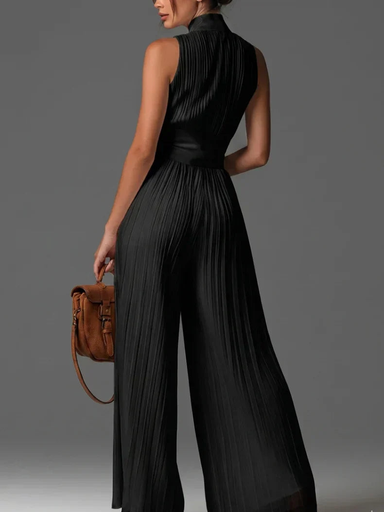 Women's Sleeveless Pleated Halter Wide-Leg Jumpsuit