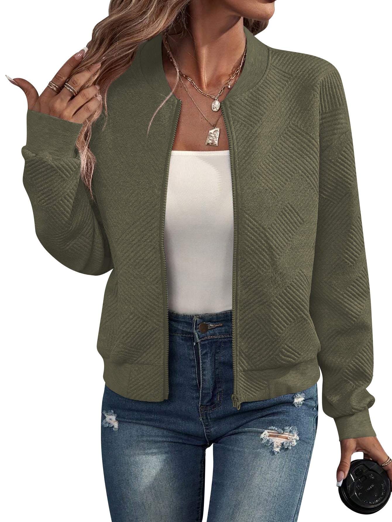 Women's Textured Zip-Up Bomber Jacket