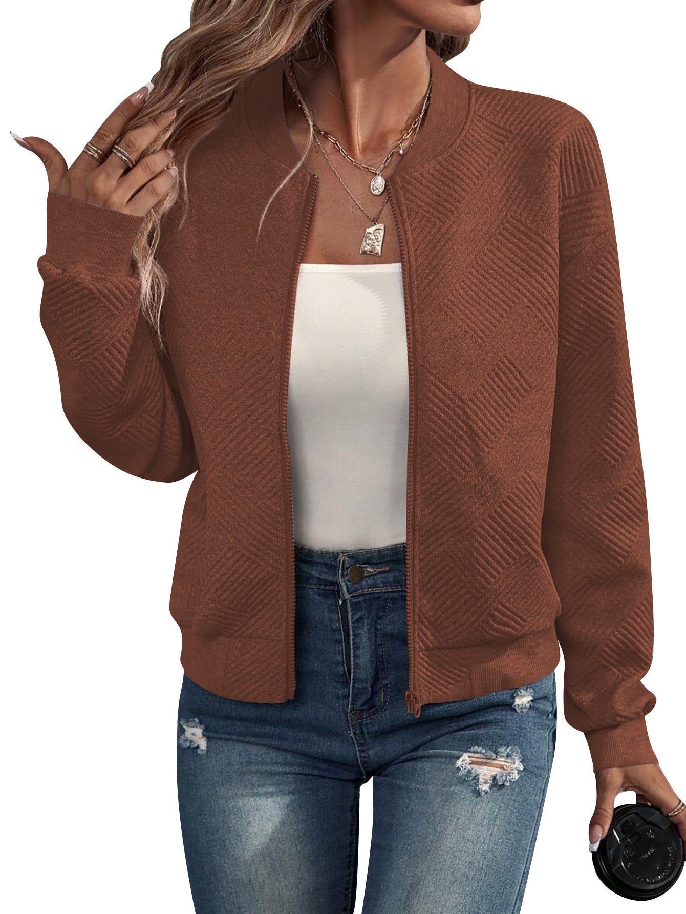 Women's Textured Zip-Up Bomber Jacket