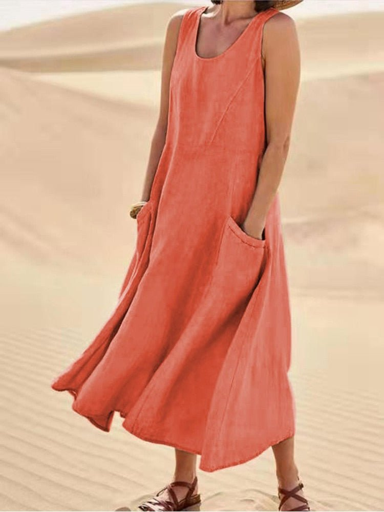 Women's Sleeveless Midi Dress with Flowing Silhouette and Side Pockets