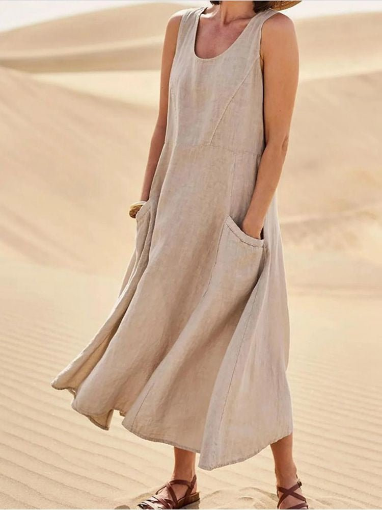 Women's Sleeveless Midi Dress with Flowing Silhouette and Side Pockets