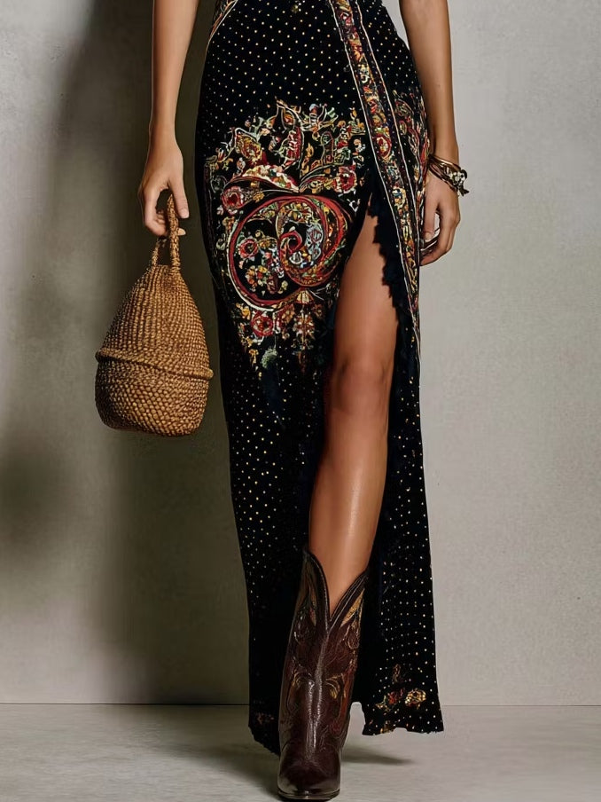 Women's Boho Embroidered High Slit Maxi Dress