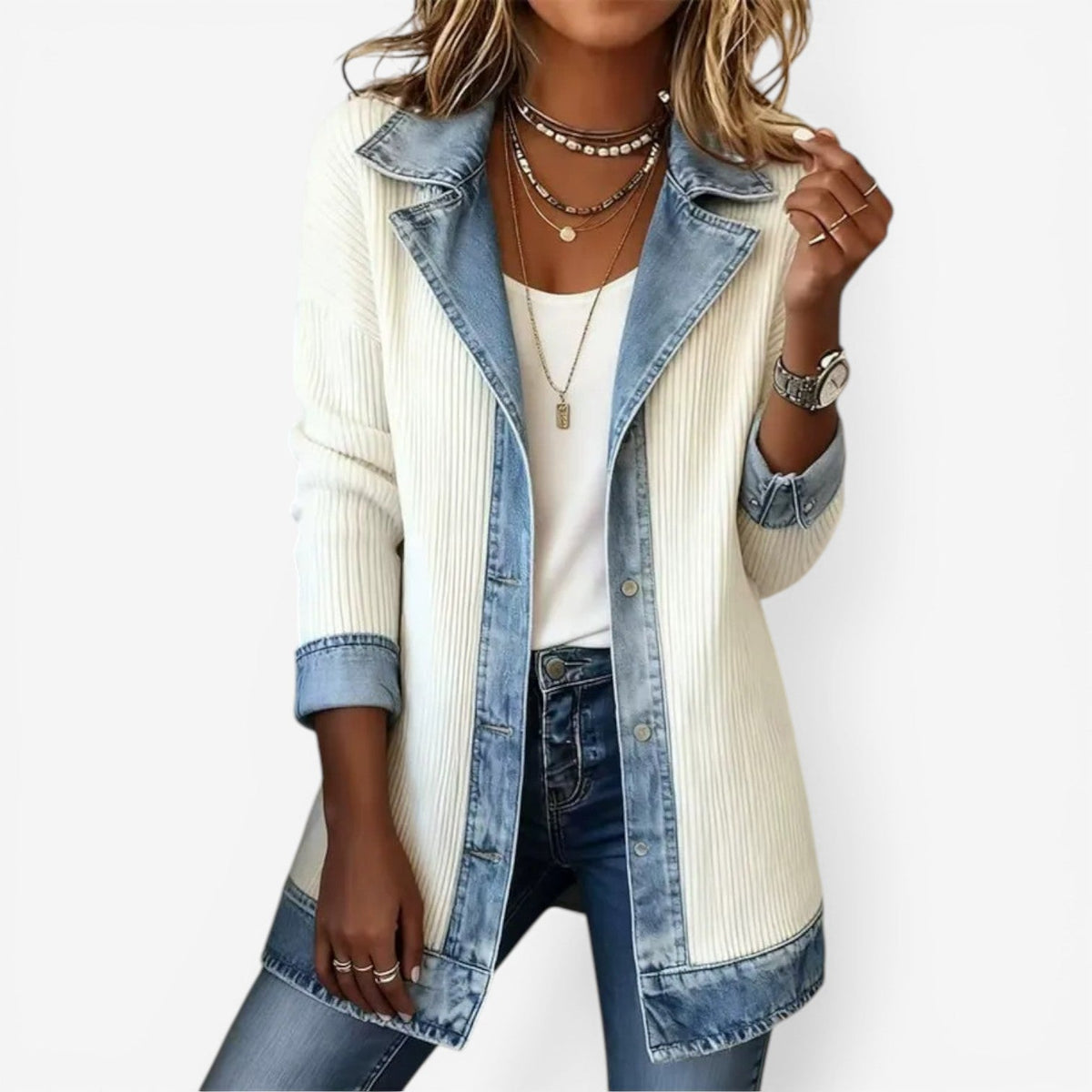 Women's Denim Trim Knit Cardigan with Pockets