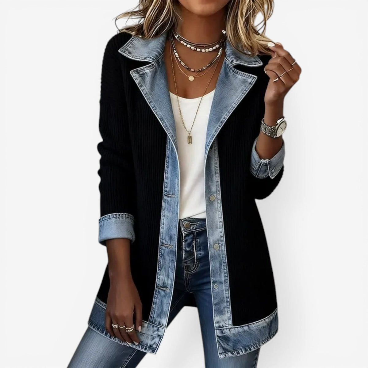 Women's Denim Trim Knit Cardigan with Pockets