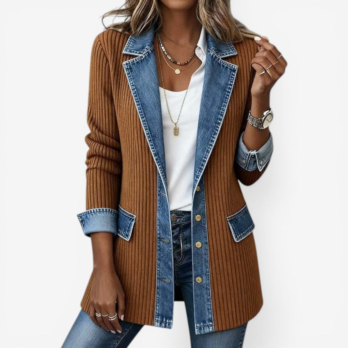 Women's Denim Trim Knit Cardigan with Pockets