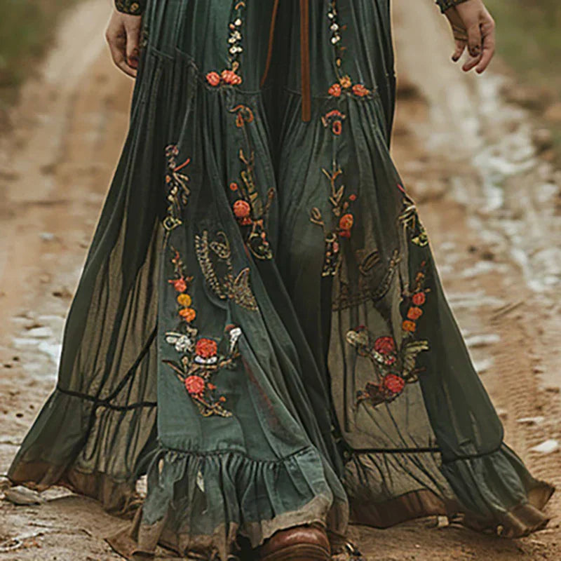 Women’s Vintage-Inspired Floral Embroidered Bohemian Maxi Dress