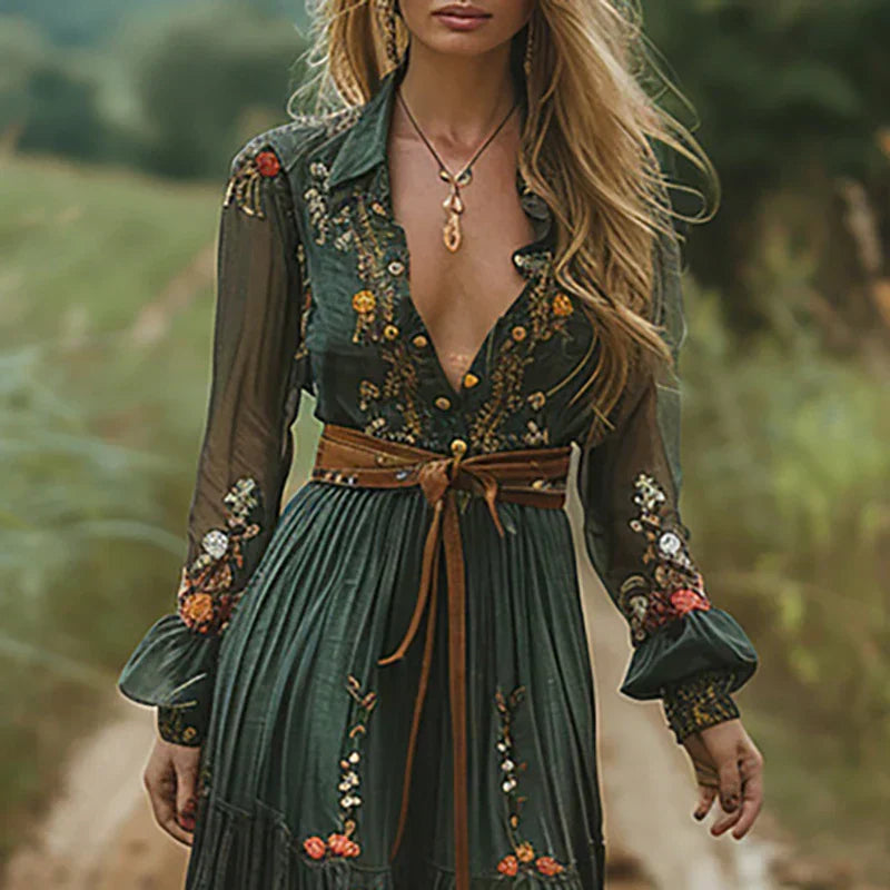 Women’s Vintage-Inspired Floral Embroidered Bohemian Maxi Dress