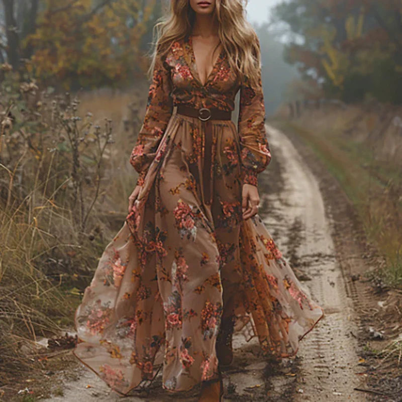 Women’s Vintage-Inspired Floral Embroidered Bohemian Maxi Dress