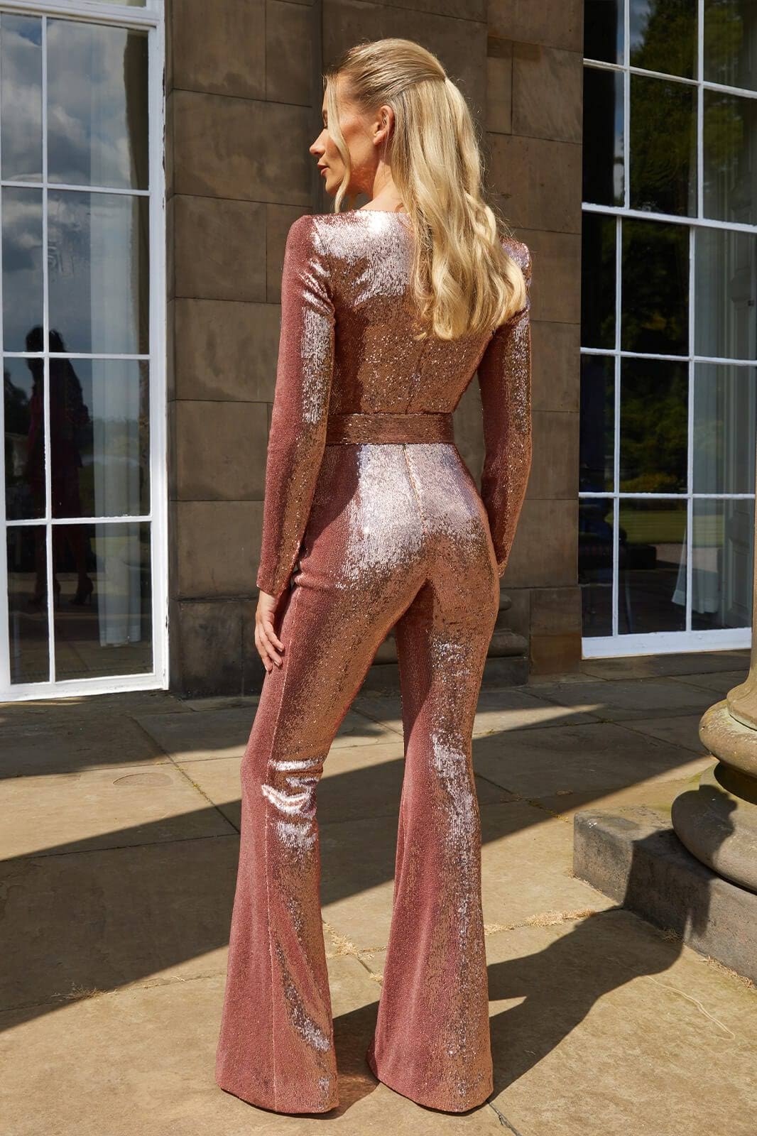 Sparkly Long Sleeve Flared Leg Jumpsuit for Women
