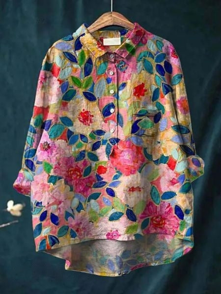 Women's Abstract Floral Long Sleeve Button-Front Blouse