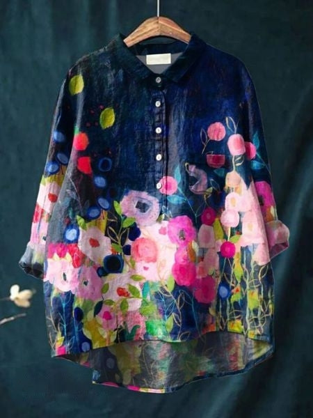Women's Abstract Floral Long Sleeve Button-Front Blouse
