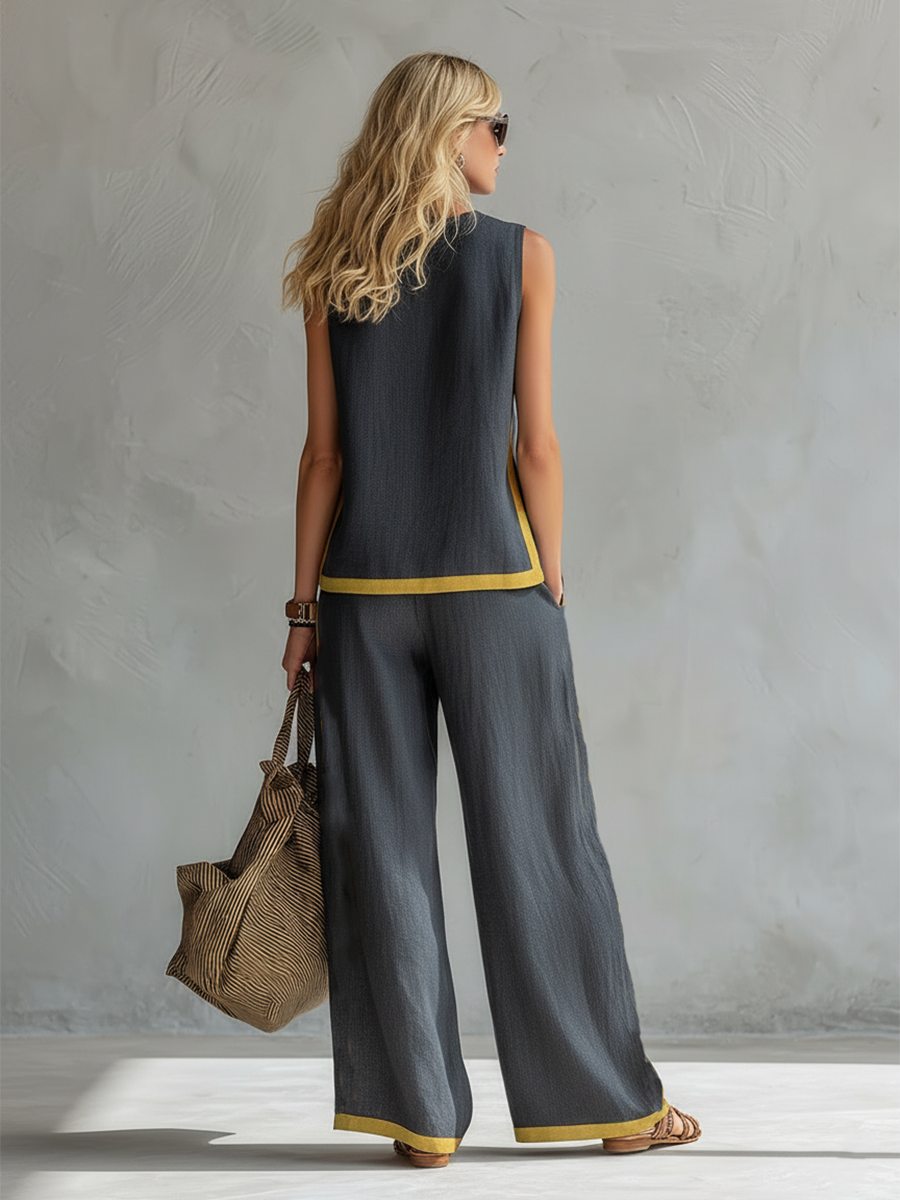 Women's Gold Trim Sleeveless Co-Ord Set with Wide-Leg Trousers