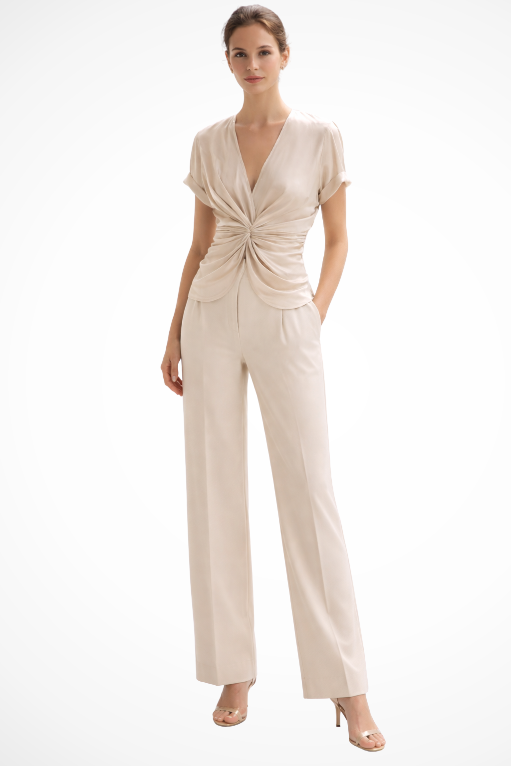 Women’s Draped Waist Short Sleeve Blouse with Deep V-Neck