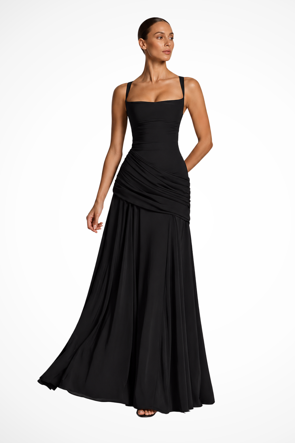 Women's Square Neck Ruched Maxi Dress Side Slit