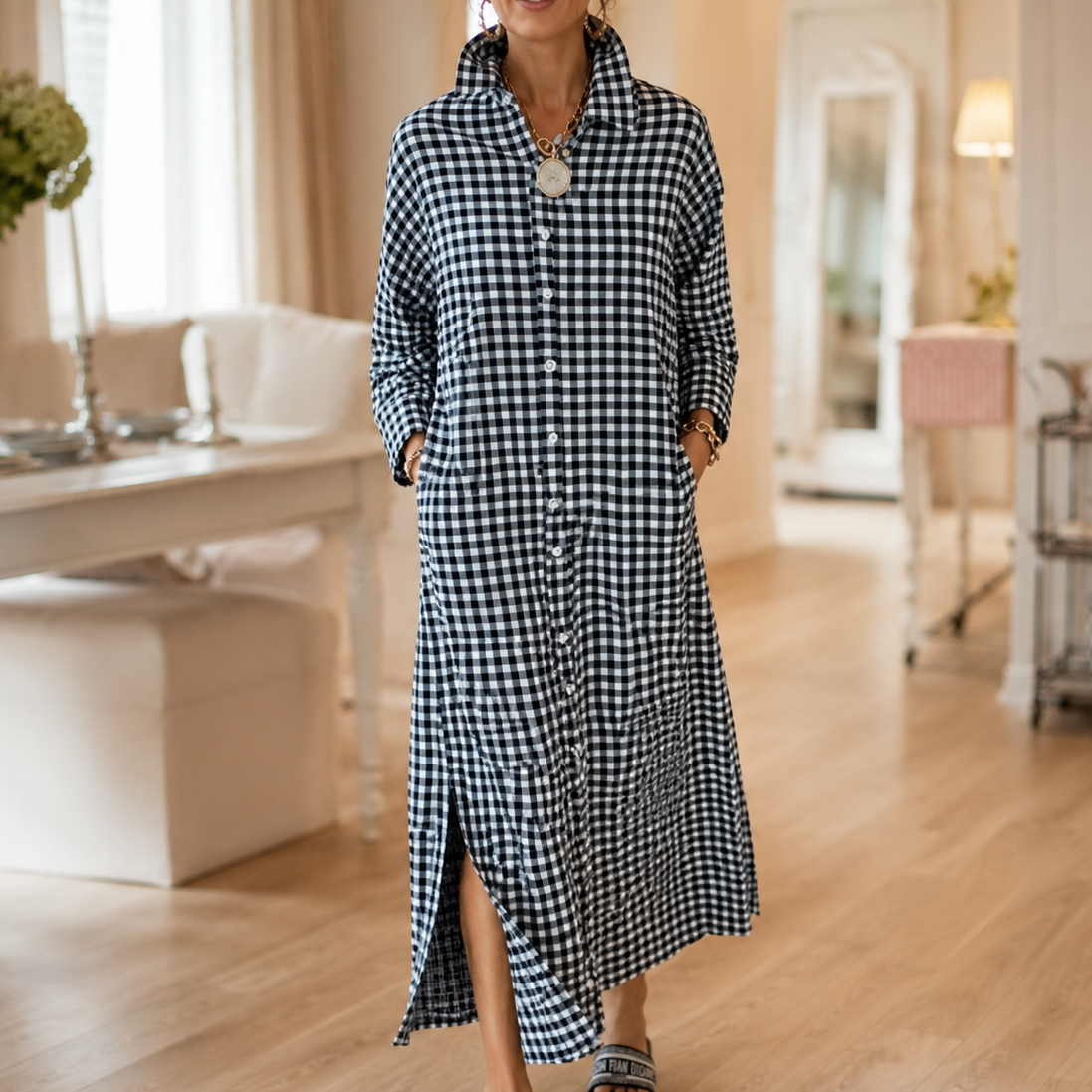 Women's Gingham Button-Front Maxi Dress