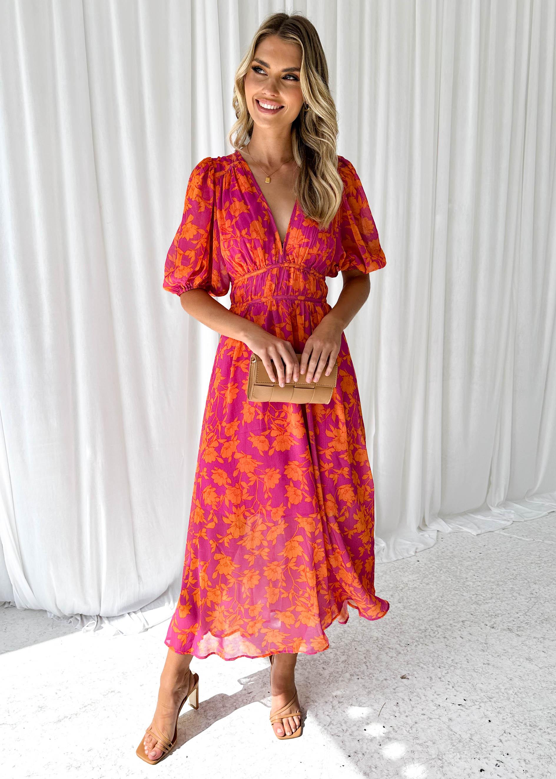 Women’s Floral V Neck Maxi Dress with Flowing Skirt and Short Puff Sleeves