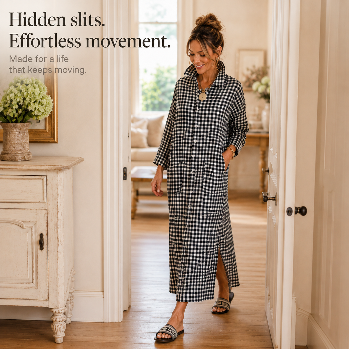 Women's Gingham Button-Front Maxi Dress
