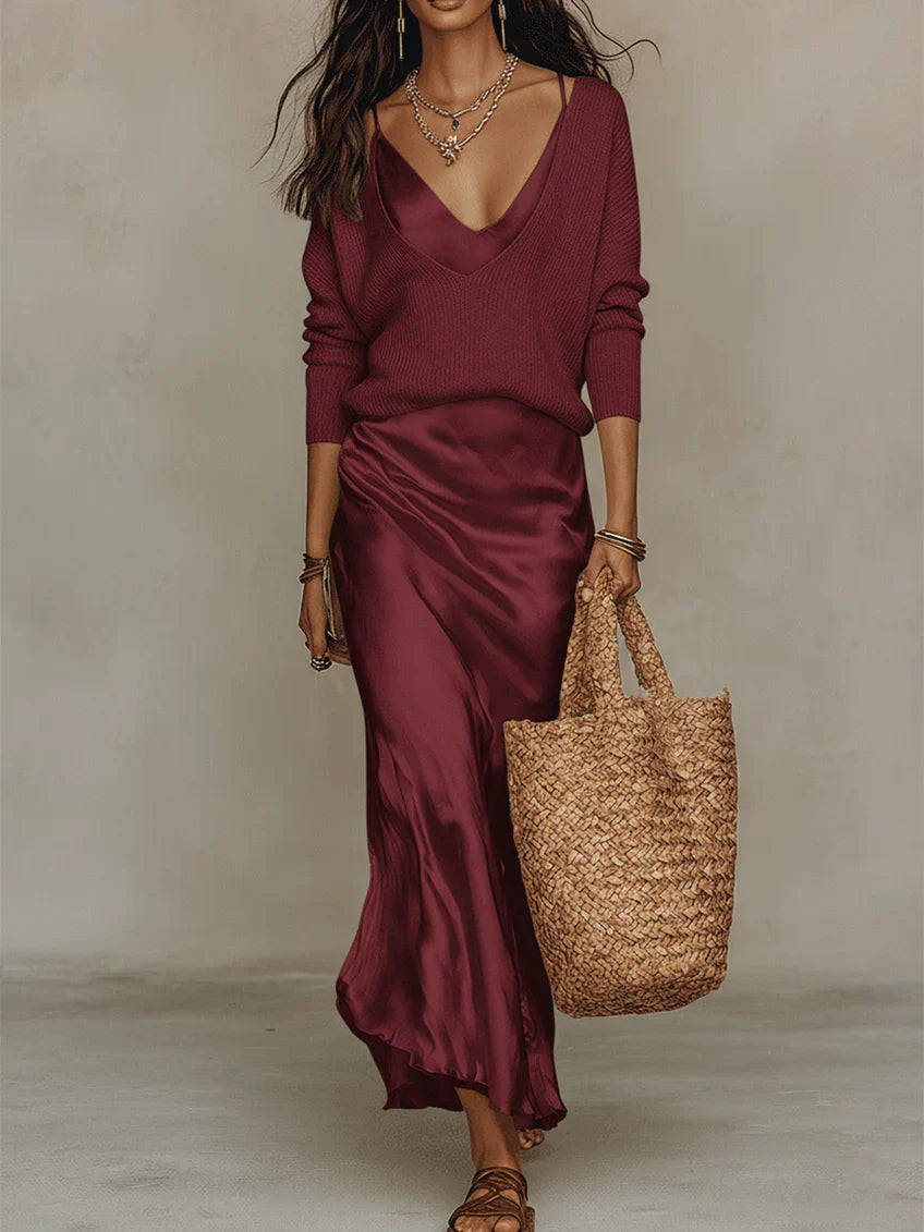 Women's Satin Maxi Dress Set with Pullover