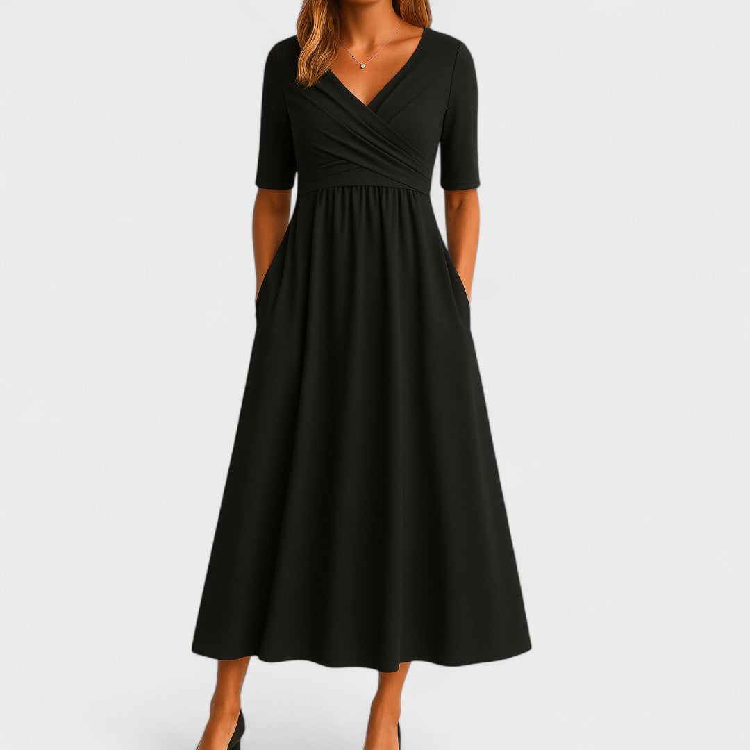 Women's V-Neck Midi Dress with Crossover Waist