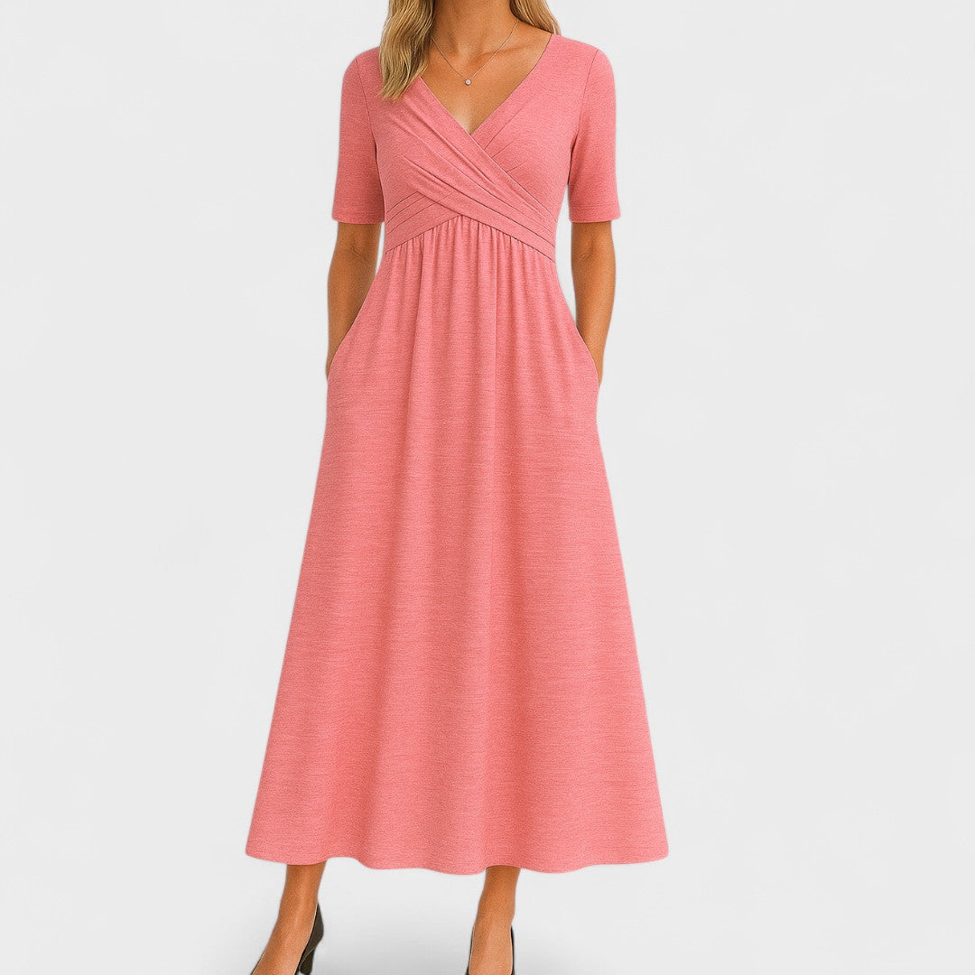 Women's V-Neck Midi Dress with Crossover Waist