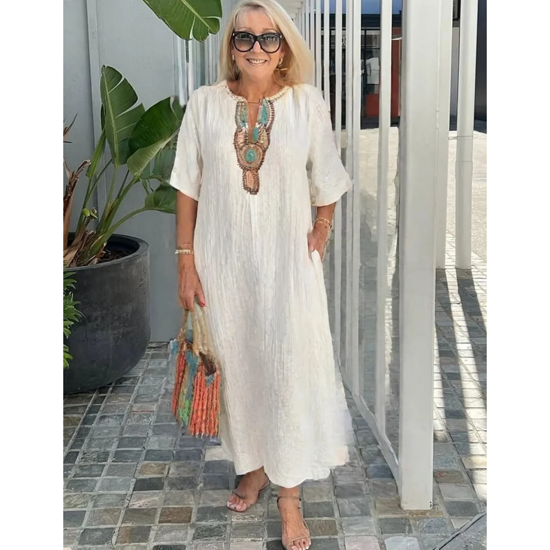 Women's Linen Maxi Dress with Embroidered Neckline