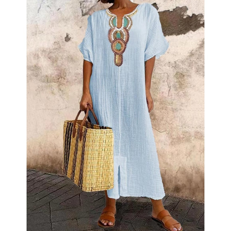 Women's Linen Maxi Dress with Embroidered Neckline