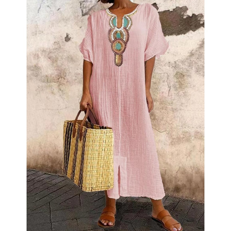 Women's Linen Maxi Dress with Embroidered Neckline
