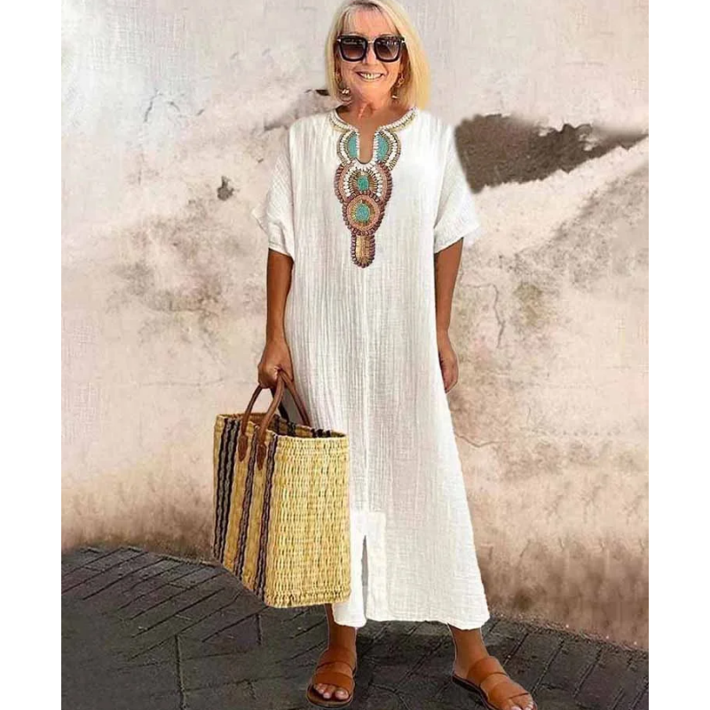 Women's Linen Maxi Dress with Embroidered Neckline