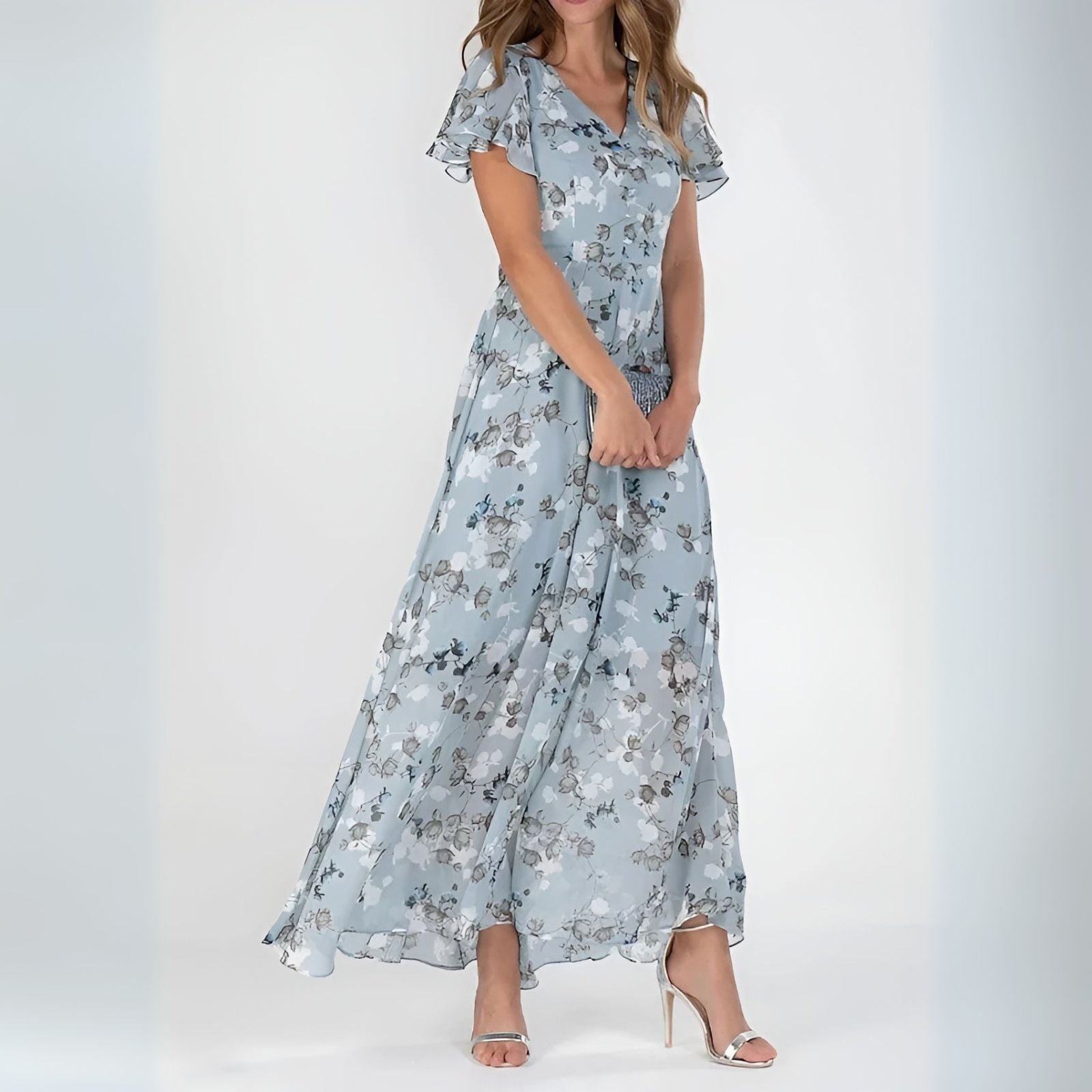 Women’s Floral Maxi Dress with Flutter Sleeves