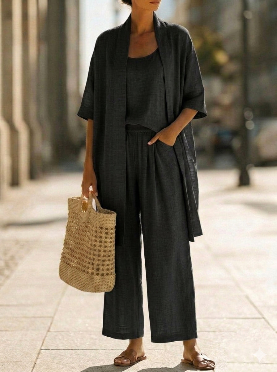 Women’s Three-Piece Relaxed Lounge Set with Open-Front Cardigan