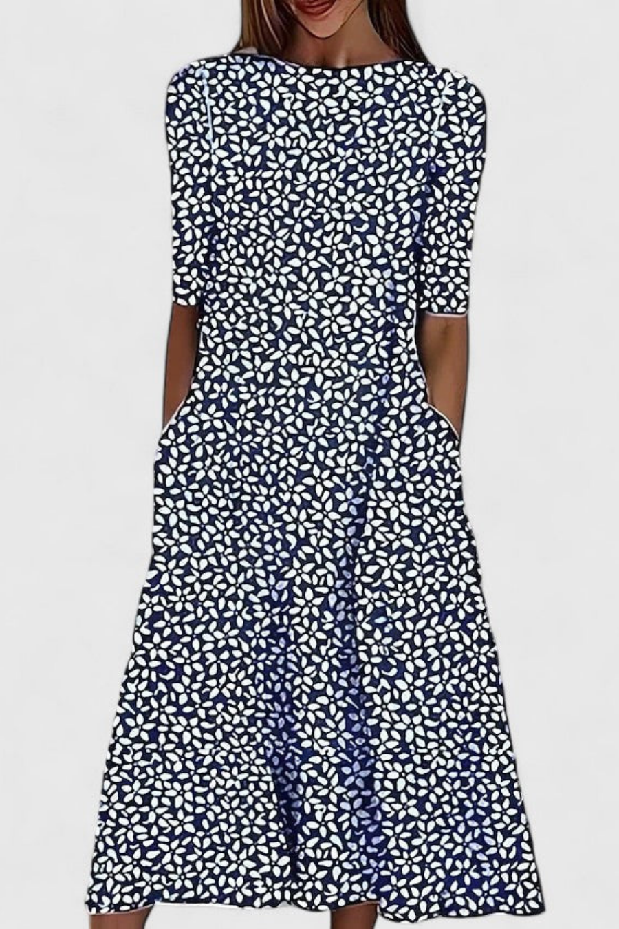 Women's Elegant Round Neck Short Sleeve Midi Dress with Side Pockets