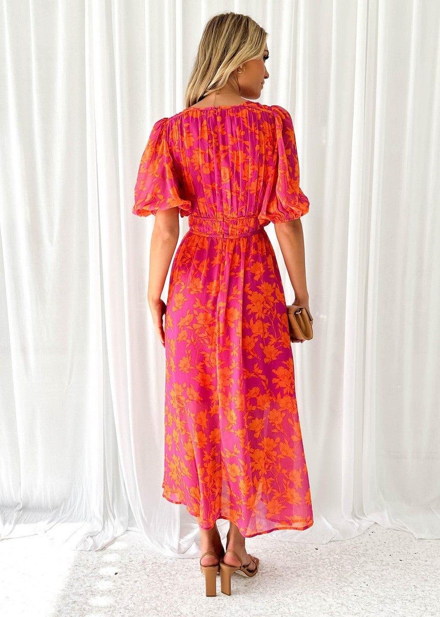 Women's Floral Midi Dress Puff Sleeves