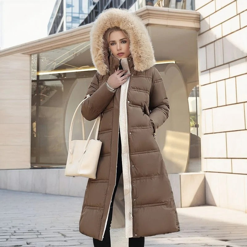 Women’s Long Puffer Coat with Faux Fur Hood