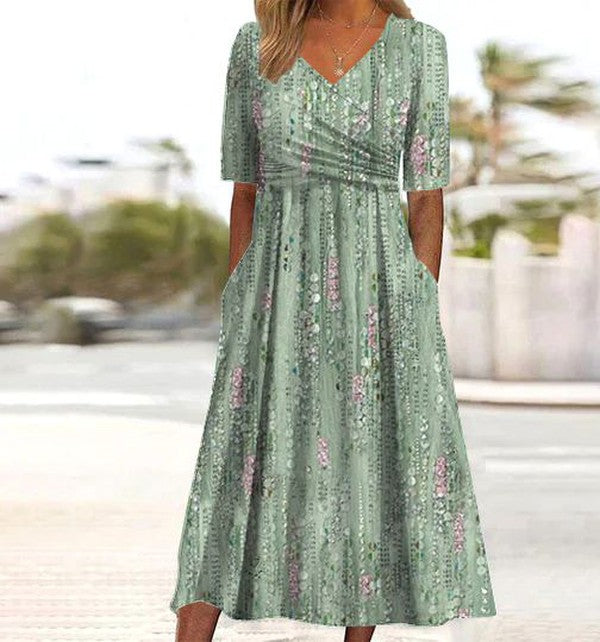 Women's V-Neck Elegant Floral Wrap Style Midi Dress