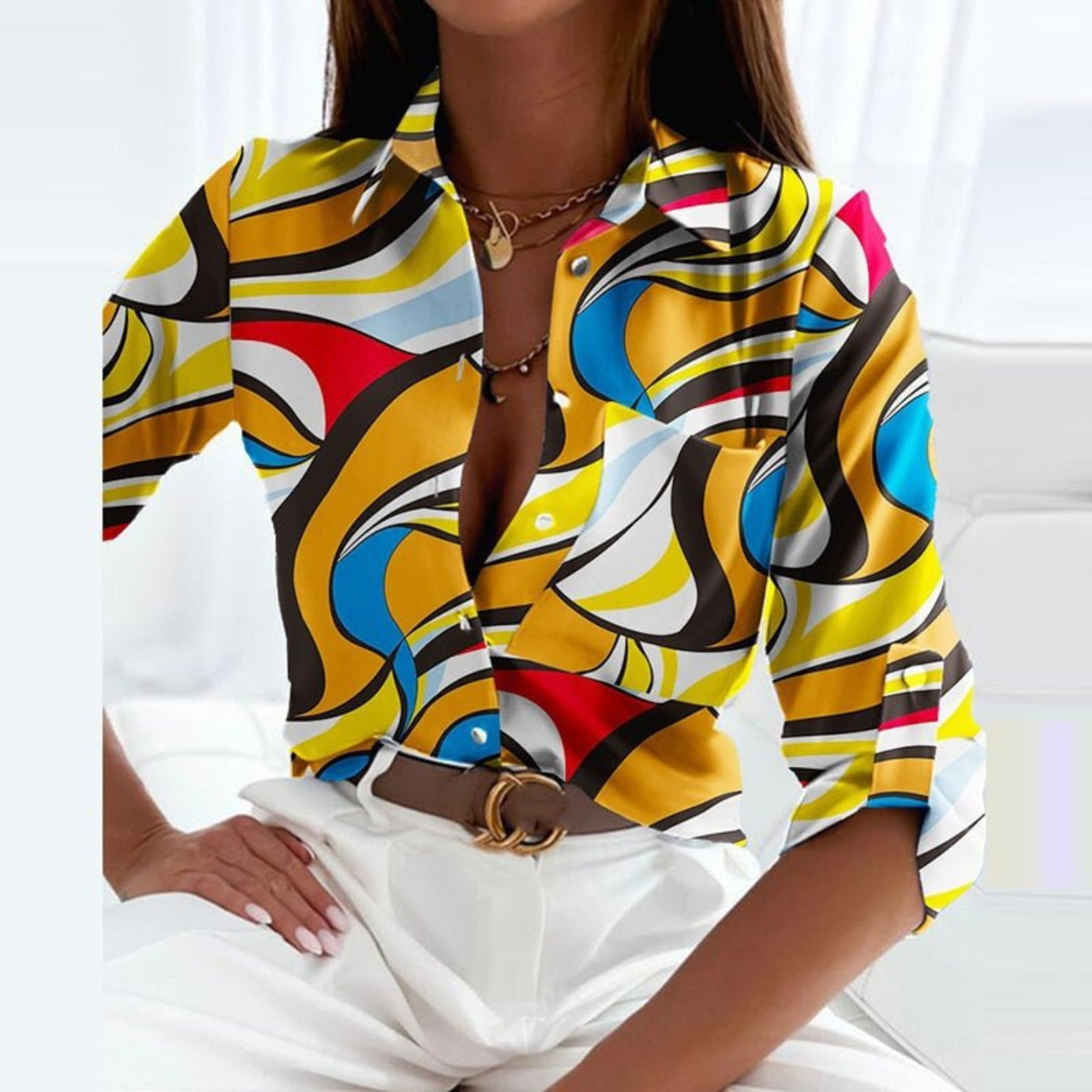 Women's Geometric Print Button-Down Blouse
